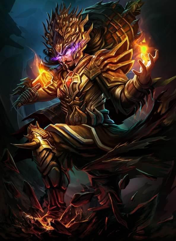 Golden-armoured warrior wielding fire, standing over a molten fissure